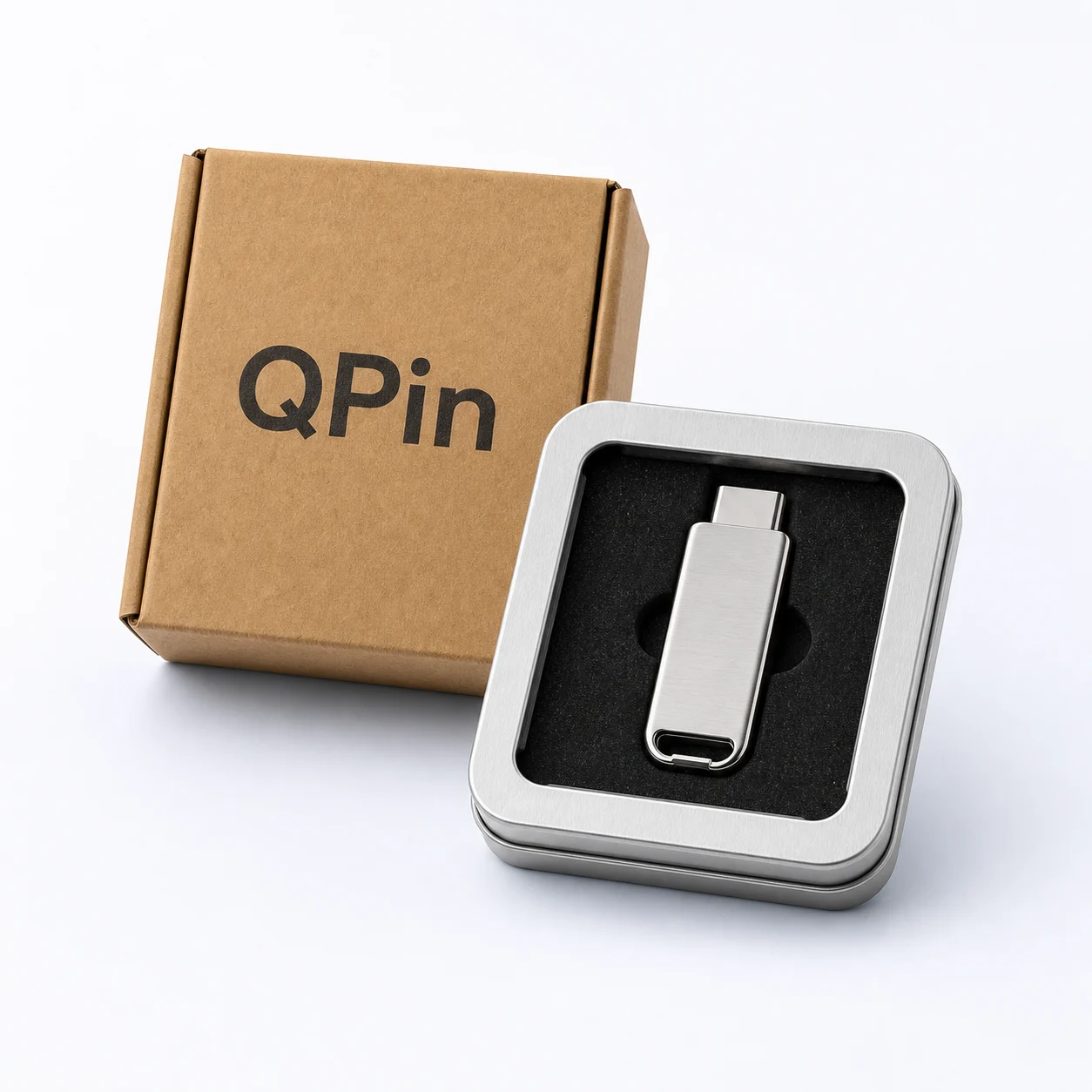 QPin 定位硬體與收納包裝示意